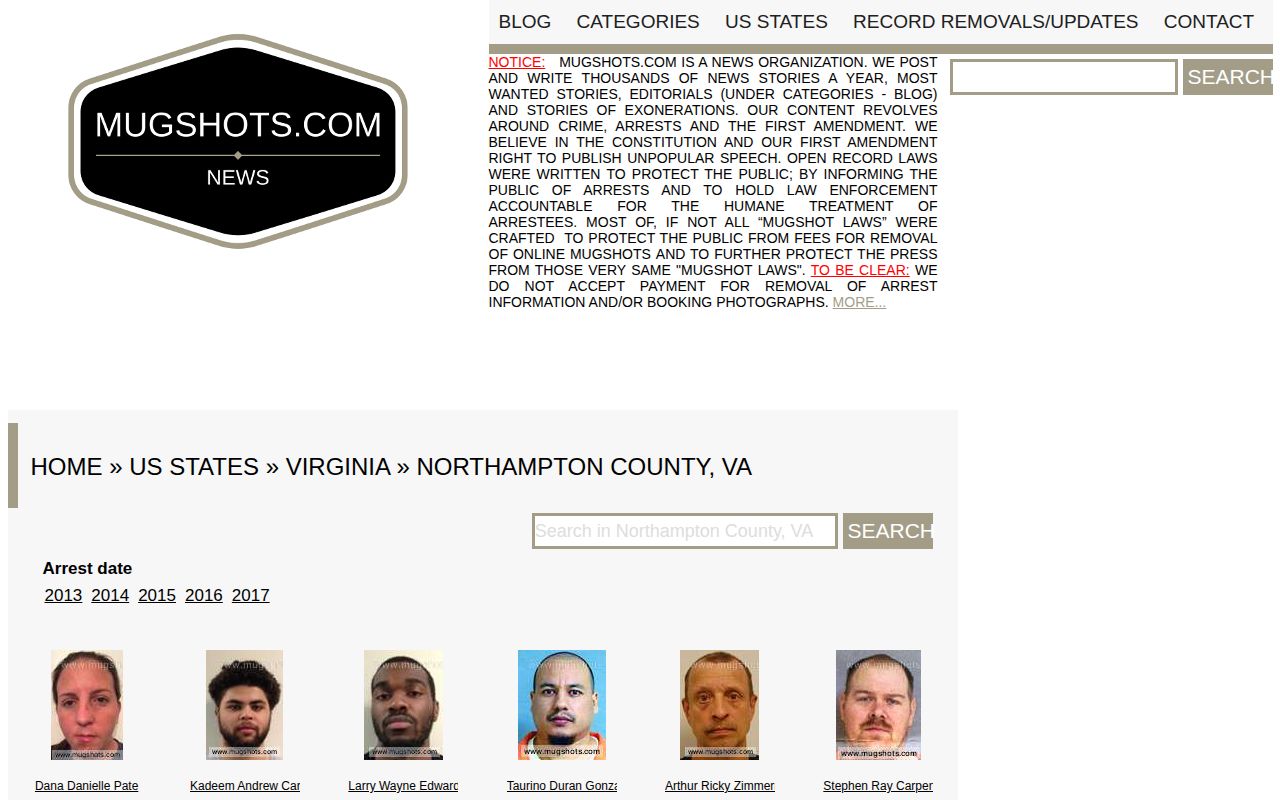 Northampton County commercial mugshot category requiring official record verification