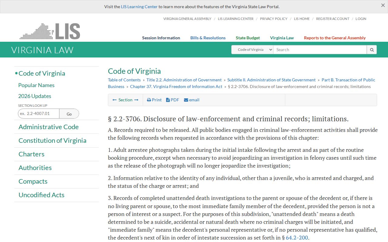 Virginia booking photo public-record statute for Northampton County record requests