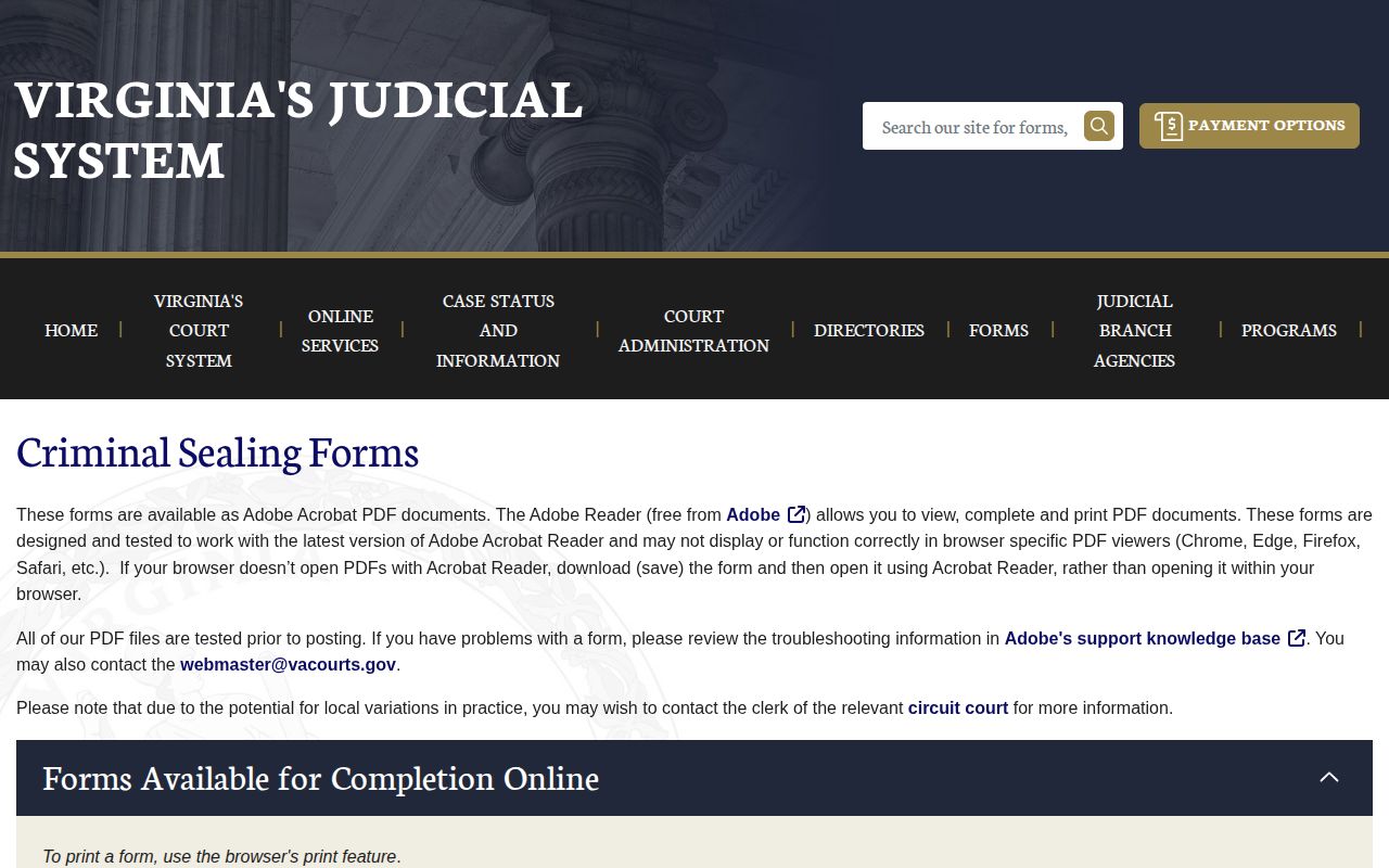Virginia sealing forms page for Northampton County booking record corrections